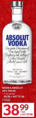 Wódka Absolut 40% 700 ML 1 l w cenie: 58,99 z VAT 72,56 promocja w Selgros