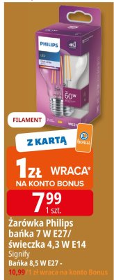 Żarówka Philips bańka 7 W E27/ świeczka 4,3 W E14 Signify promocja w Leclerc
