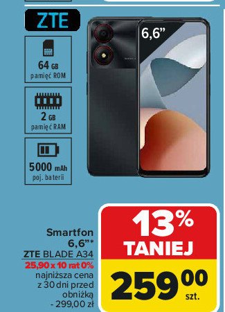 Smartfon a34 ZTE promocja w Carrefour