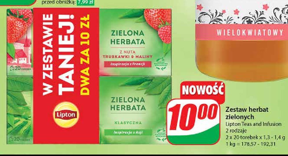 Herbata zielona klasyczna + herbata zielona z nutą truskawki i maliny Lipton green tea promocja w Dino