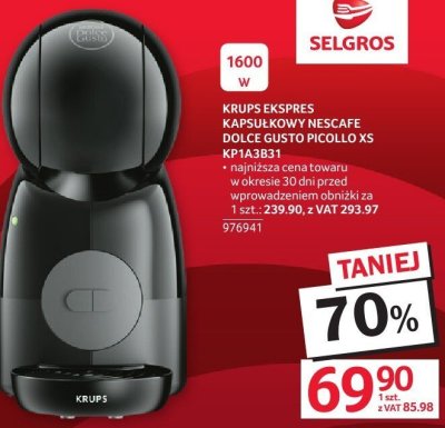 Ekspres kapsułkowy Nescafe Dolce Gusto Piccolo XS KP1A3B31 Krups promocja w Selgros