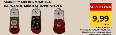 Skarpety mix rozmiar 36-46 bałwanek, mikołaj, dzwoneczek promocja w Supeco