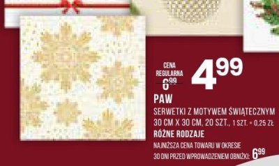 Serwetki z motywem świątecznym Paw, 30 cm x 30 cm, 20 szt, 1 szt = 0.25 zł, różne rodzaje promocja w Drogerie Natura