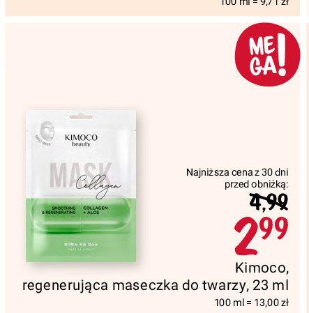 Wygładzająco-regenerująca maska to twarzy w płachcie z kolagenem i aloesem Kimoco beauty promocja