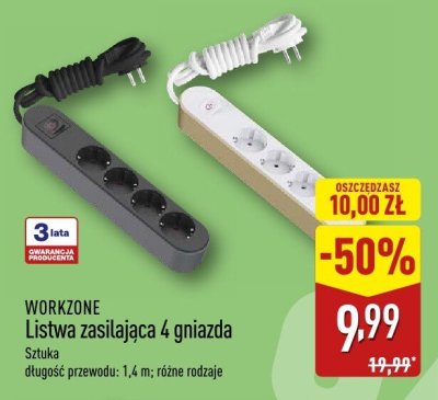 Listwa zasilająca 4 gniazda WORKZONE promocja w Aldi