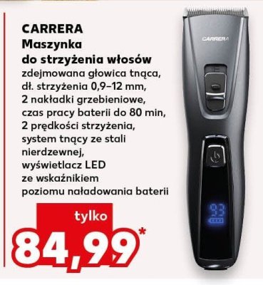 Maszynka do strzyżenia włosów zdejmowana główica tnąca, dł. strzyżenia 0,9-12 mm, 2 nakładki grzebieniowe, czas pracy baterii do 80 min, 2 prędkości strzyżenia, system pracy ze stali nierdzewnej, wyświetlacz LED ze wskaźnikiem poziomem naładowania baterii promocja w Kaufland