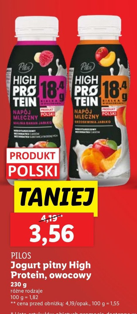 Napój mleczny brzoskwinia-mango PILOS HIGH PROTEIN promocja w Lidl