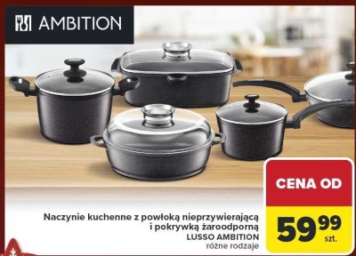 Naczynia kuchenne Lusso z powłoką nieprzywierającą i pokrywką żaroodporną, różne rodzaje promocja w Carrefour