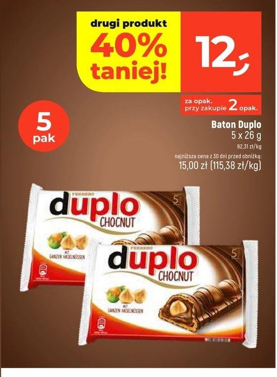 Wafel z nadzieniem orzechowym w czekoladzie Ferrero duplo promocja