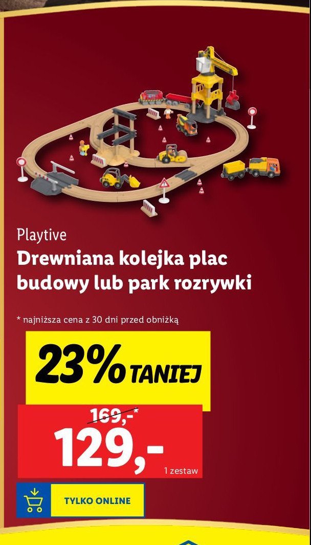 Drewniana kolejka plac budowy Play tive promocja