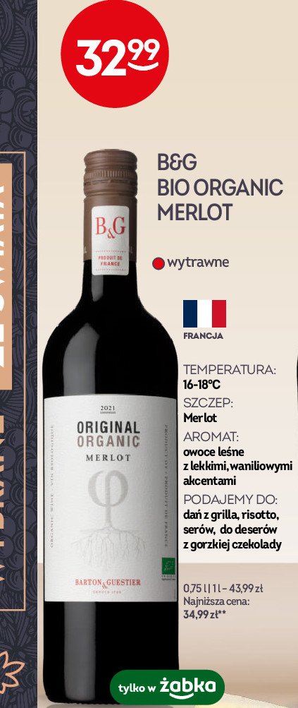 Wino B&g bio organic merlot promocja