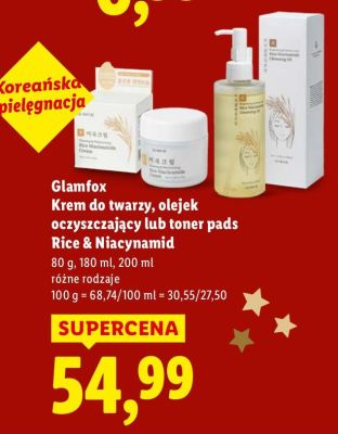 Krem do twarzy, olejek oczyszczający lub toner pads Glamfox Rice & Niacynamid promocja w Lidl