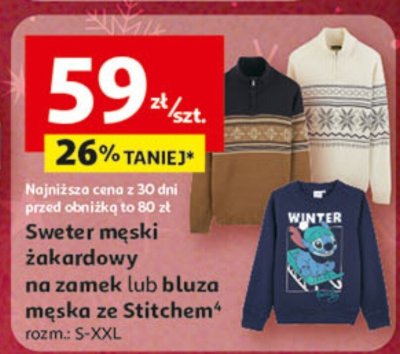 Sweter męski żakardowy na zamek lub bluza męska ze Stitchem promocja w Auchan