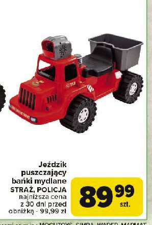 Jeździk auto policyjne puszczający bańki mydlane promocja w Carrefour