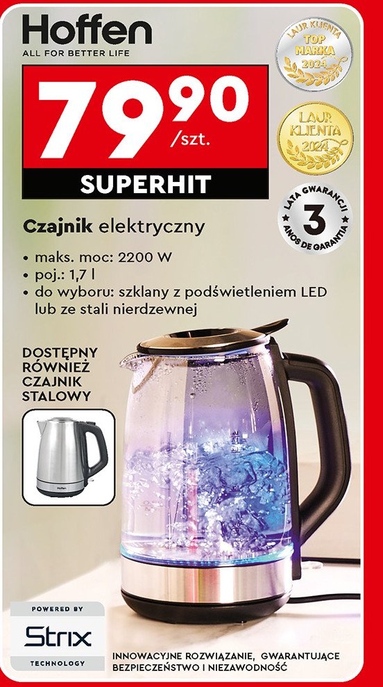 Czajnik elektryczny 1.7 l 2200 w Hoffen promocja w Biedronka