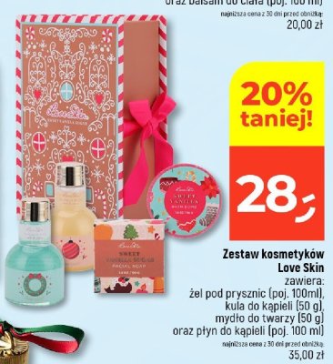Zestaw kosmetyków Love Skin żel pod prysznic (poj. 100ml), kula do kąpieli (50 g), mydło do twarzy (50 g) oraz płyn do kąpieli (poj. 100 ml) promocja w Dealz