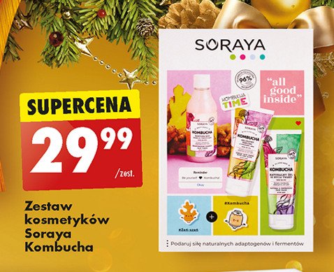 Zestaw świąteczny kombucha: esencja tonizująca 200 ml + żel do mycia twarzy 150 ml + peeling 75 ml Soraya zestaw promocja w Biedronka