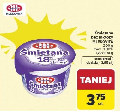 Śmietana bez laktozy MLEKOVITA 200 g zaw. tł. 18% promocja w Carrefour