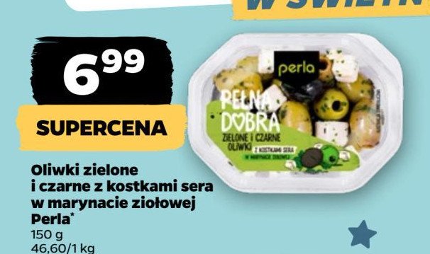 Antipasti zielone i czarne oliwki z kostkami sera Perla antipasti promocja w Netto