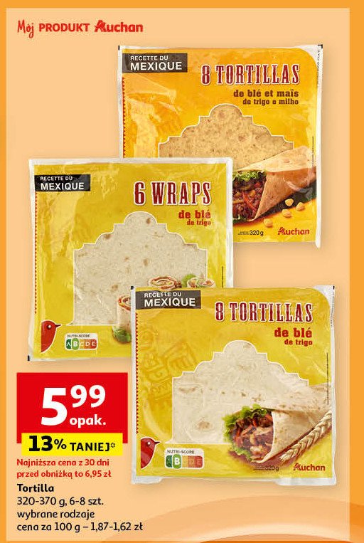 Tortilla pszenna Auchan różnorodne (logo czerwone) promocja