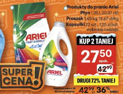 Produkty do prania Ariel Płyn 1,35 l, 20,37 zł/l, Proszek 1,65 kg, 16,67 zł/kg, Kapsułki 0,4 kg szt., 1,25 zł/szt. wybrane rodzaje promocja w Delikatesy Centrum