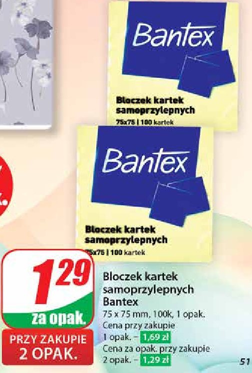 Bloczek kartek samoprzylepnych 75 x 75 mm Bantex promocja w Dino