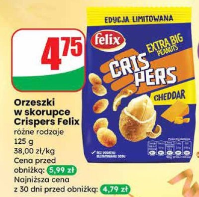 Orzeszki w skorupce Crispers Felix Cheddar promocja w Dino