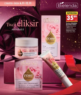 Zestaw kosmetyków Royal Rose Elixir: krem pod oczy i wokół ust, krem do twarzy odbudowujący na dzień i na noc promocja w Biedronka