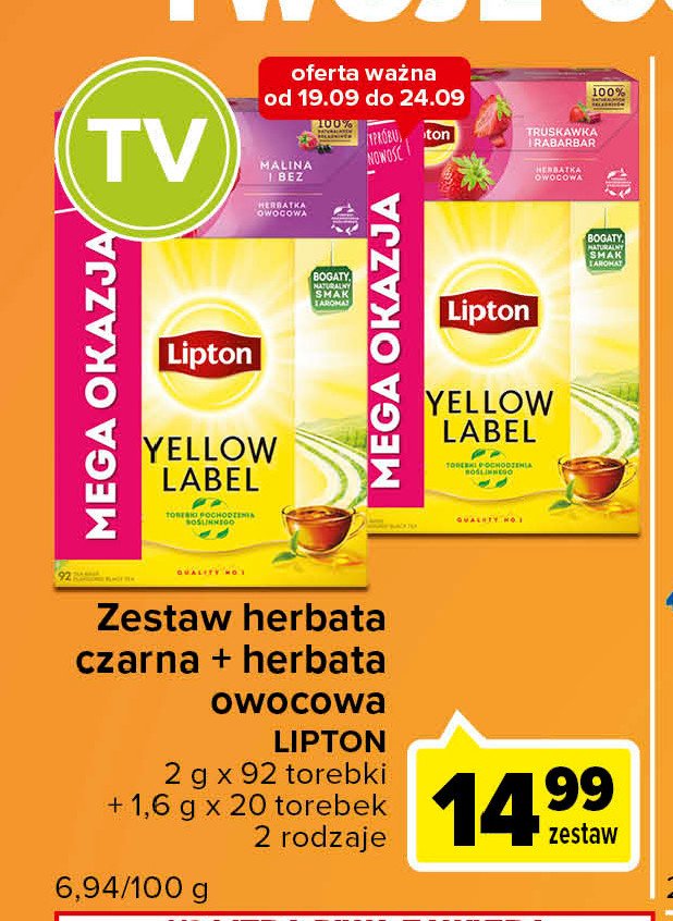 Herbata + herbata truskawka i rabarbar 1 opak 20 szt Lipton yellow label tea promocja