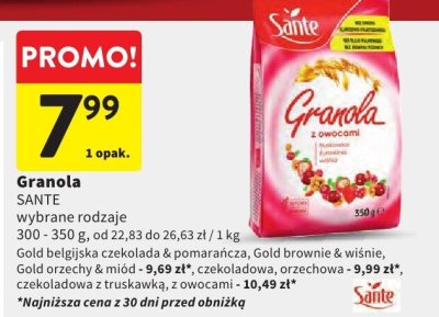 Granola Sante Gold belgijska czekolada & miód, Gold brownie & wiśnie, Gold orzechy & miód, czekoladowa, orzechowa, czekoladowa z truskawką, z owocami promocja w Intermarche