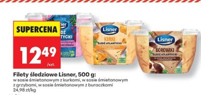 Filety śledziowe Lisner 500g w sosie śmietanowym z kurkini, w sosie śmietanowym z grzybami, w sosie śmietanowym z buraczkami promocja w Biedronka