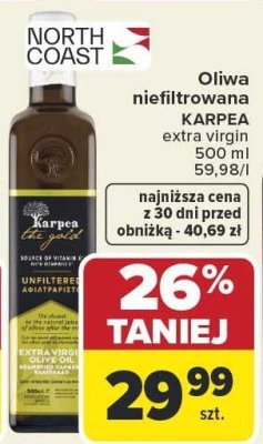 Oliwa niefiltrowana KARPEA extra virgin 500 ml promocja w Carrefour