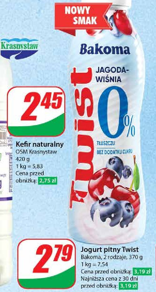 Jogurt 0% jagoda-wiśnia Bakoma twist promocja