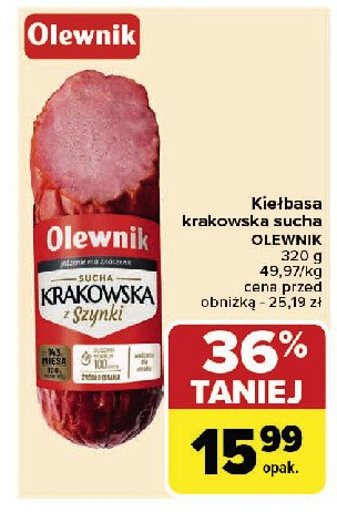 Kiełbasa krakowska sucha wieprzowa Olewnik promocja w Carrefour Market