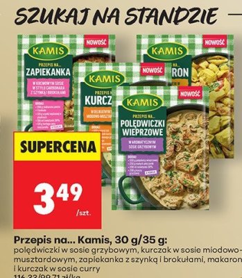 Przepis na... Kamis, 30 g/35 g: polędwiczki w sosie miodowo-musztardowym, zapiekanka z szynką i brokułami, makaron i kurczak w sosie curry promocja w Biedronka