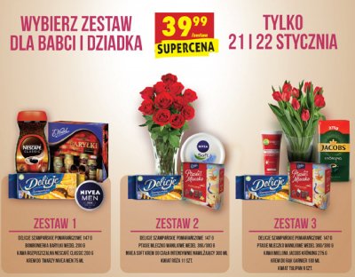 Zestaw prezentowy dla babci i dziadka: e.wedel ptasie mleczko waniliowe 360 g + nivea soft krem do ciała 300 ml + delicje ciastka pomarańczowe 147 g + róże 11 szt Biedronka promocja