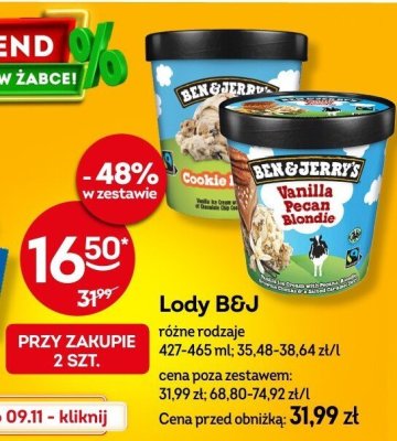 Lody Ben & Jerry's różne rodzaje Cookie, Vanilla Pecan Blondie promocja w Żabka