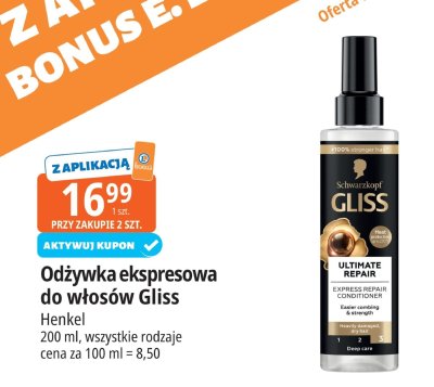 Odżywka ekspresowa do włosów Gliss Schwarzkopf Henkel 200 ml promocja w Leclerc