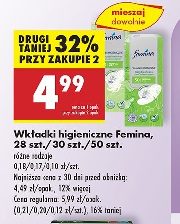 Wkładki higieniczne total protection long Femina classic promocja w Biedronka