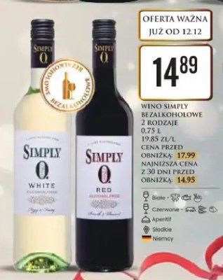 Wino Simply Bezalkoholowe 2 rodzaje promocja w Dino