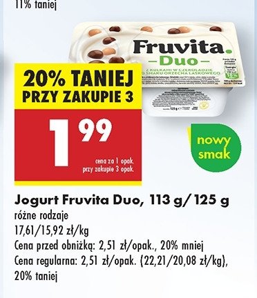 Jogurt z kulkami w czekoladzie o smaku orzecha laskowego Fruvita duo promocja w Biedronka