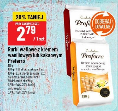 Rurki waflowe z kremem waniliowym lub kakaowym Preferro promocja w POLOmarket