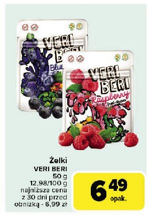 Żelki owocowe 100% malinowe paski owocowe Veri beri promocja w Carrefour Market