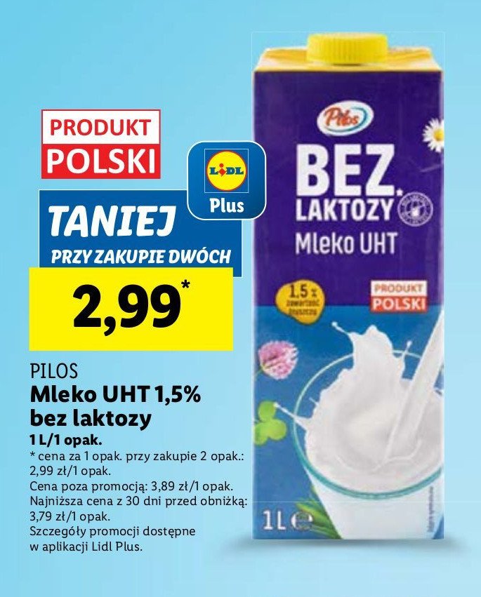 Mleko bez laktozy 1.5% Pilos promocja