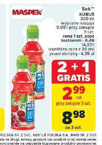 Sok+woda organic jabłko-wiśnia Kubuś baby promocja w Carrefour