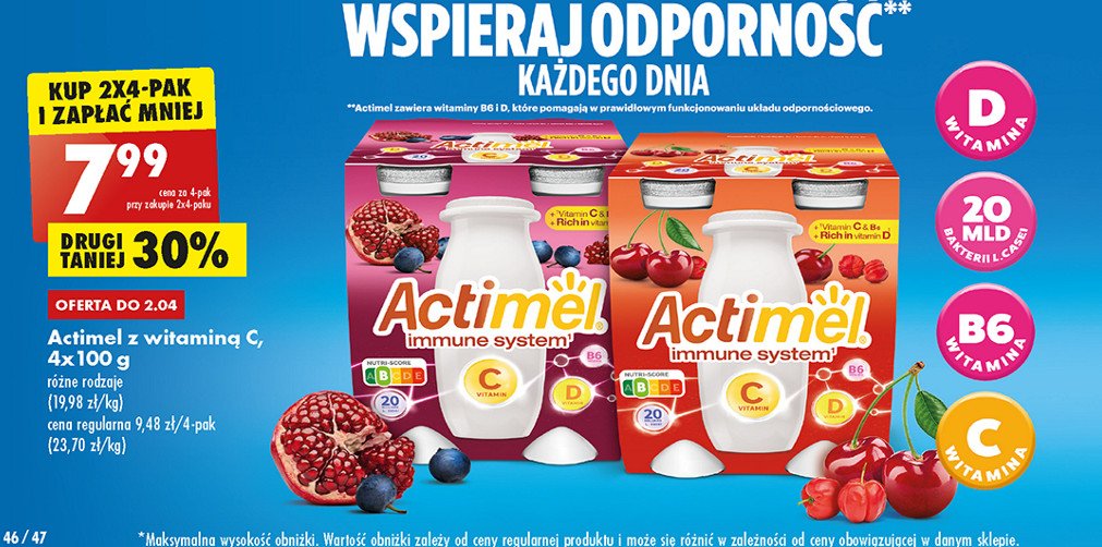 Jogurt mleko fermentowane o smaku granat-jagoda-maca Actimel promocja