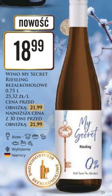 Wino My Secret Riesling bezalkoholowe promocja w Dino