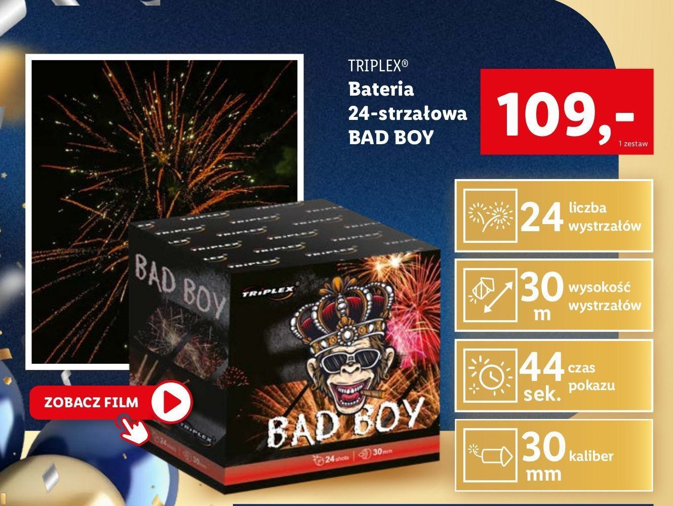 Bateria bad boy 24 strzałów TRIPLEX promocja w Lidl