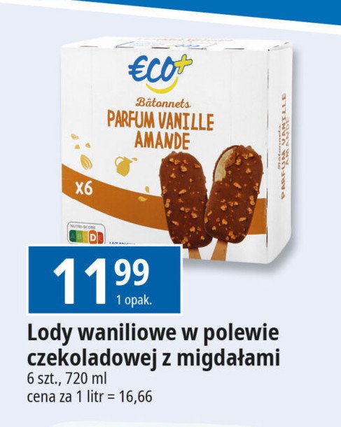 Lody waniliowe w polewie czekoladowej z migdałami Eco+ promocja w Leclerc