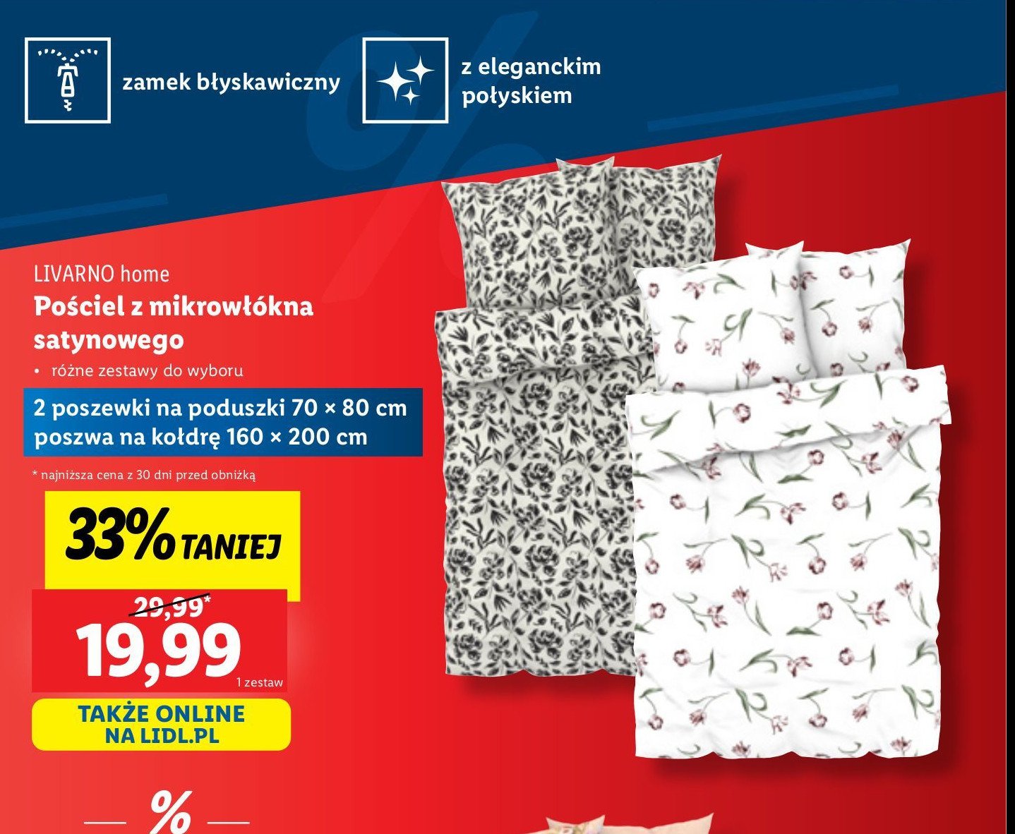 Komplet pościeli dwustronnej z mikrowłókna satynowego 160 x 200 + 2x 70 x 80 cm promocja w Lidl